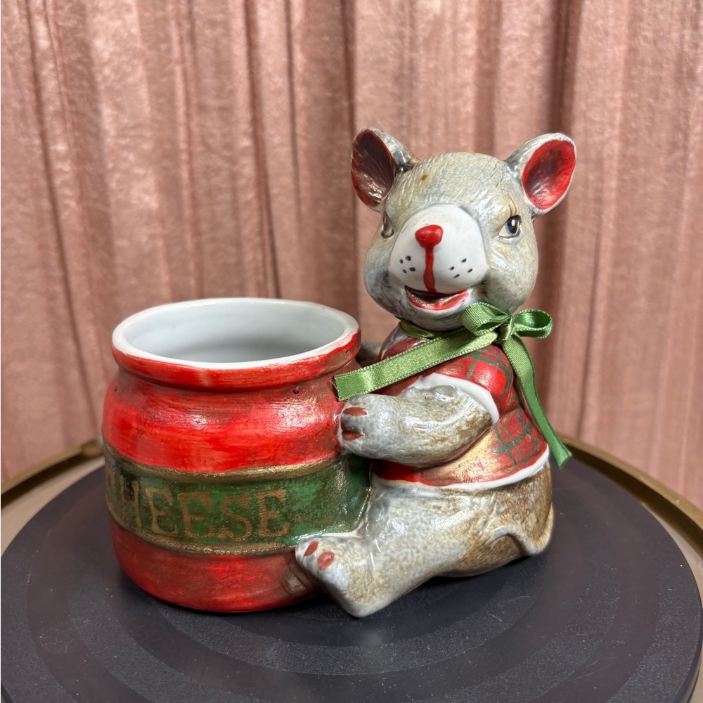 Ceramic Mouse with Cheese Barrel Planter signed J.Y 1991
